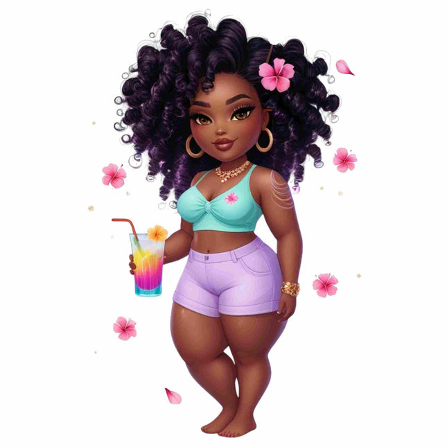 Curvy Island Glow Girl with Drink DTF Heat Transfers #4 by Style Junction Custom Digital Designs celebrates tropical charm and bold femininity.
