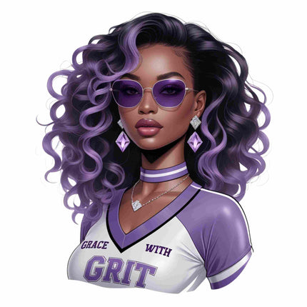 Grace with Grit Purple Fashion Queen design featuring bold curls and shades by Style Junction Custom Digital Designs.