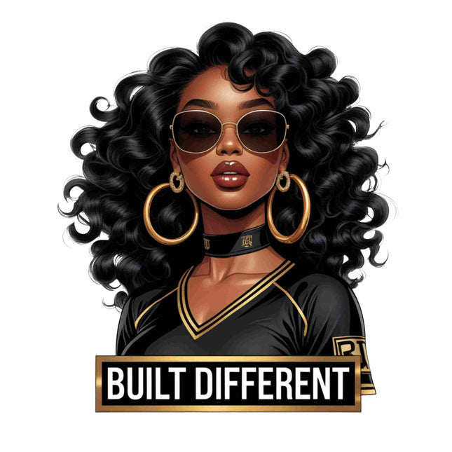 Built Different Curly Hair Queen DTF Heat Transfer by Style Junction Custom Digital Designs, exclusive and empowering artwork.