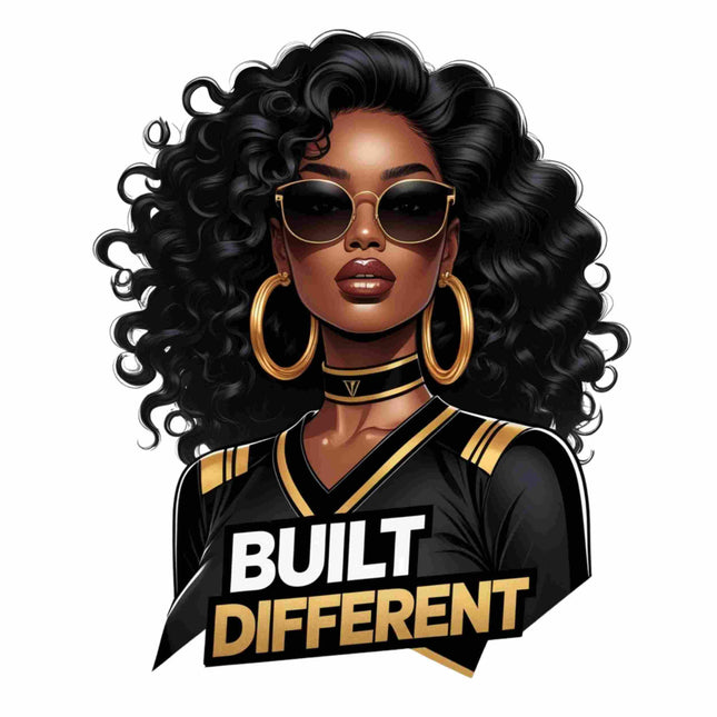 Built Different Curly Hair Queen DTF Heat Transfer by Style Junction Custom Digital Designs, exclusive creative artwork for apparel.