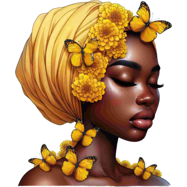 Black Queen Butterfly Floral Art Designed DTF Heat Transfer by Style Junction Custom Digital Designs with vibrant yellow flowers and butterflies.