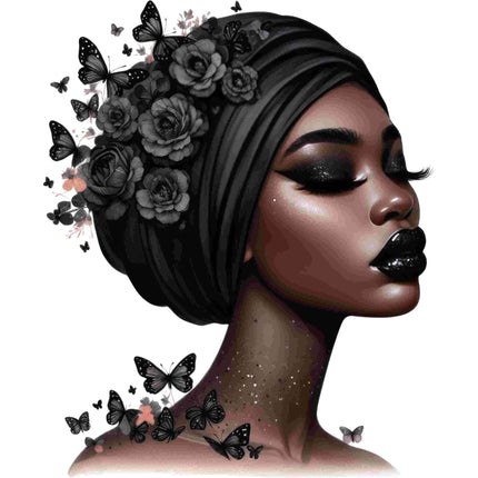 Black Queen Butterfly Floral Art Designed DTF Heat Transfer by Style Junction Custom Digital Designs, elegant and exclusive artwork.