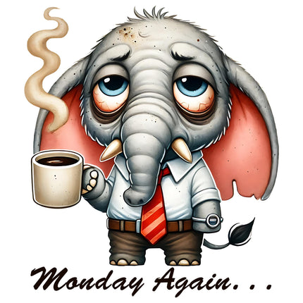 Tired Office Monday Elephant Art in Style Junction Custom Digital Designs, featuring a humorous coffee-holding elephant for apparel graphics.