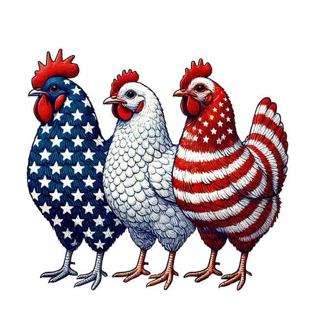 Patriotic USA Chickens in Red White Blue DTF Heat Transfers by Style Junction Custom Digital Designs, exclusive ready to press PNG artwork.