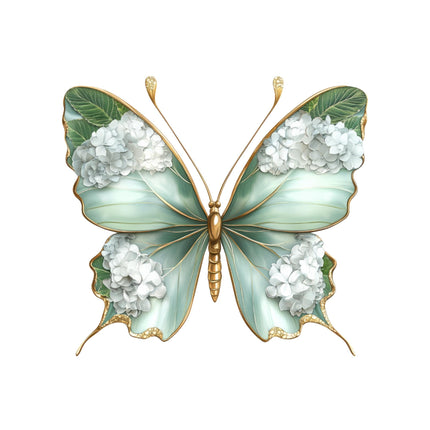 Fantasy Floral Butterfly #3 Eco Solvent Heat Transfer with delicate white flowers on soft teal wings by Style Junction Custom Digital Designs