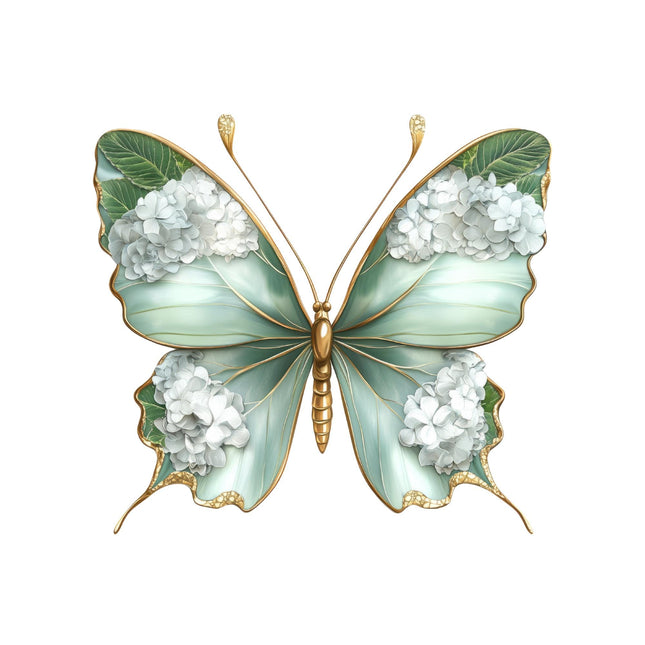 Fantasy Floral Butterfly #3 Eco Solvent Heat Transfer with delicate white flowers on soft teal wings by Style Junction Custom Digital Designs