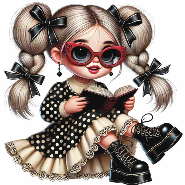 Polka Dot Glam Girl Sitting Pose DTF Heat Transfer by Style Junction Custom Digital Designs, exclusive creative artwork for apparel.