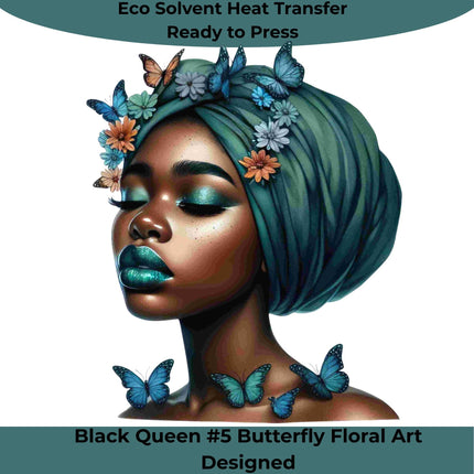 Black Queen Butterfly Floral Art Designed with vibrant blues and florals by Style Junction Custom Digital Designs, exclusive ready to press PNG.