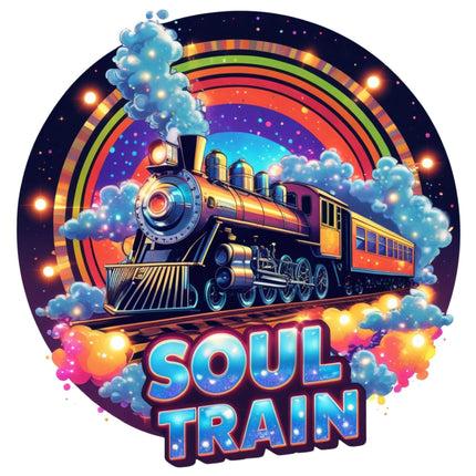 Retro Disco Soul Train Design by Style Junction Custom Digital Designs features vibrant vintage train with rainbow and stars.