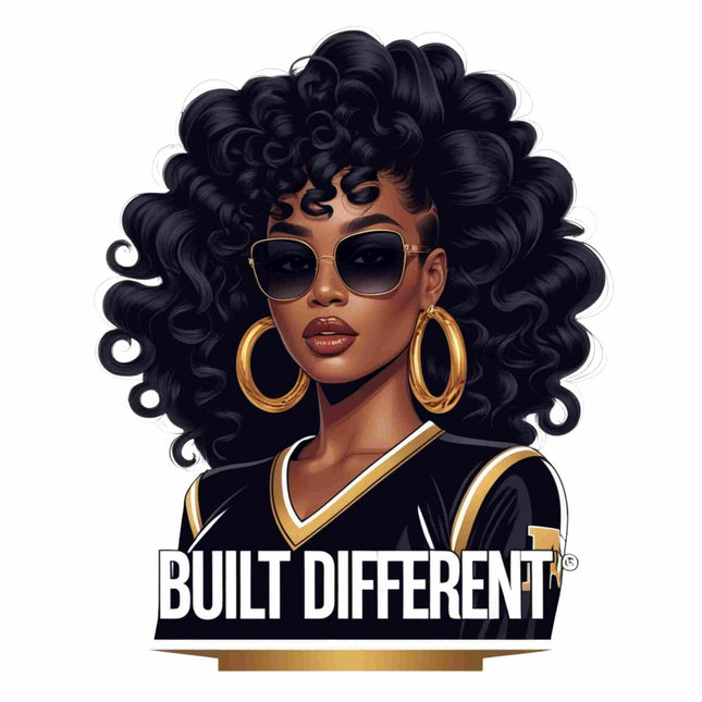 Built Different Curly Hair Queen PNG design featuring a confident Black woman by Style Junction Custom Digital Designs.