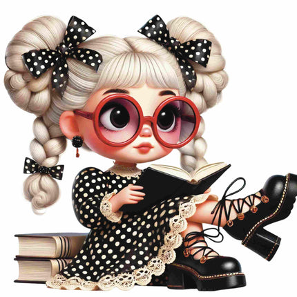 Polka Dot Glam Girl Sitting Pose DTF Heat Transfer by Style Junction Custom Digital Designs, exclusive creative artwork for apparel.