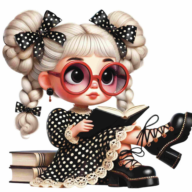 Polka Dot Glam Girl Sitting Pose DTF Heat Transfer by Style Junction Custom Digital Designs, exclusive creative artwork for apparel.