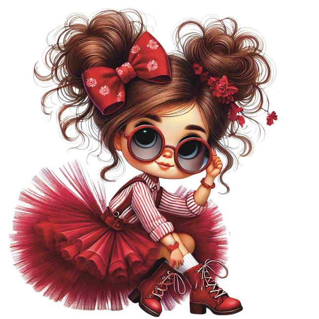 Red Bow Glam Fashion Girl DTF Heat Transfers #2 by Style Junction Custom Digital Designs featuring stylish girl with oversized sunglasses and red bow.