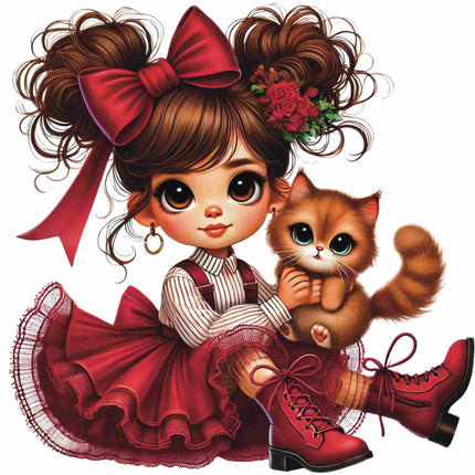 Red Bow Glam Fashion Girl DTF Heat Transfers #6 featuring a stylish girl with big bow and cat, by Style Junction Custom Digital Designs.