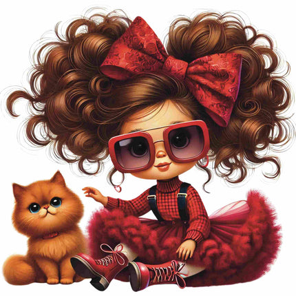 Red Bow Glam Fashion Girl DTF Heat Transfer with oversized sunglasses and playful cat by Style Junction Custom Digital Designs