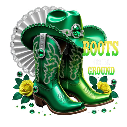 Green Western Bling Boots & Hat DTF Heat Transfers #4 by Style Junction Custom Digital Designs with emerald accents and yellow roses