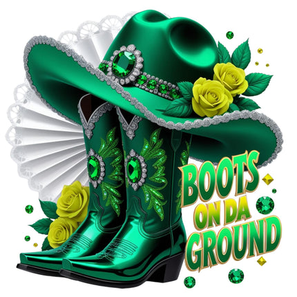 Green Western Bling Boots & Hat DTF Heat Transfers #5 by Style Junction Custom Digital Designs with emerald gems and yellow roses.