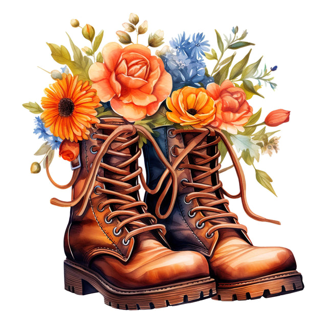 Watercolor Combat Boots with Flowers DTF Heat Transfers #5 by Style Junction Custom Digital Designs blends rugged boots with vibrant florals.