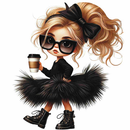 Vintage-Inspired Fashion Doll DTF Heat Transfer by Style Junction Custom Digital Designs featuring a chic doll with sunglasses and tutu.