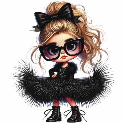Vintage-Inspired Fashion Doll DTF Heat Transfer showcasing a chic girl in black glam by Style Junction Custom Digital Designs.