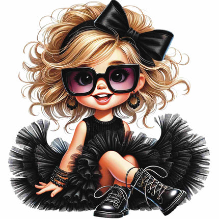 Vintage-Inspired Fashion Doll DTF Heat Transfer showing a stylish girl in black tutu and boots by Style Junction Custom Digital Designs.