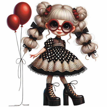 Polka Dot Glam Girl Sitting Pose DTF Heat Transfer by Style Junction Custom Digital Designs, exclusive creative artwork for apparel.