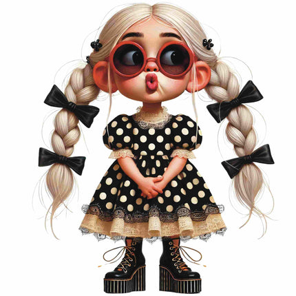 Polka Dot Glam Girl Sitting Pose DTF Heat Transfer by Style Junction Custom Digital Designs, exclusive creative artwork.