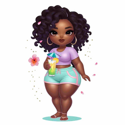 Curvy Island Glow Girl with Drink DTF Heat Transfers #2 by Style Junction Custom Digital Designs celebrates tropical vibes and confident femininity.