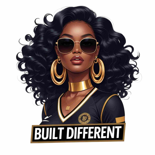 Built Different Curly Hair Queen DTF Heat Transfers by Style Junction Custom Digital Designs, exclusive creative artwork for apparel graphics.