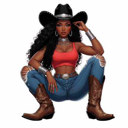 Desert Sunset Cowgirl DTF Heat Transfer featuring confident western cowgirl, exclusive Style Junction Custom Digital Designs.