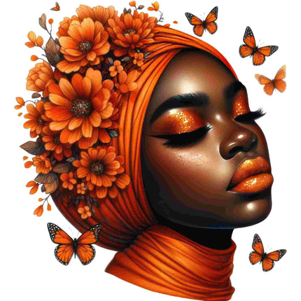 Black Queen Butterfly Floral Art Designed DTF Heat Transfer by Style Junction Custom Digital Designs with vibrant orange flowers and butterflies.
