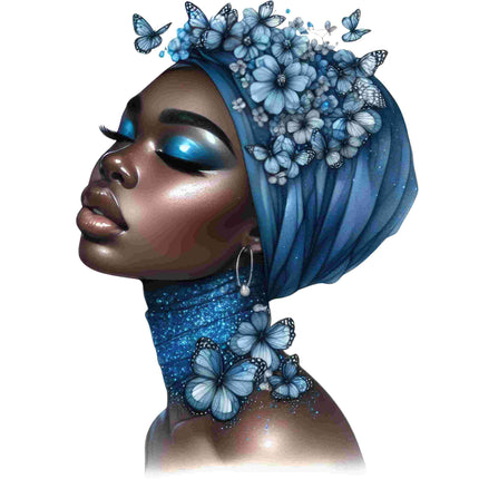 Black Queen Butterfly Floral Art Designed -DTF Heat Transfers #6 by Style Junction Custom Digital Designs with vibrant blue tones and butterflies.