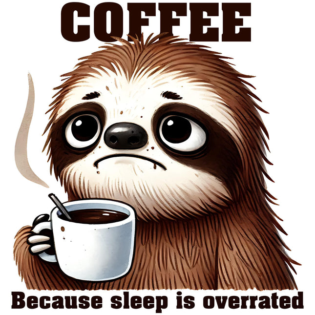 Sleep Is Overrated Sloth Coffee DTF Heat Transfers by Style Junction Custom Digital Designs, featuring a cute sleepy sloth with coffee.