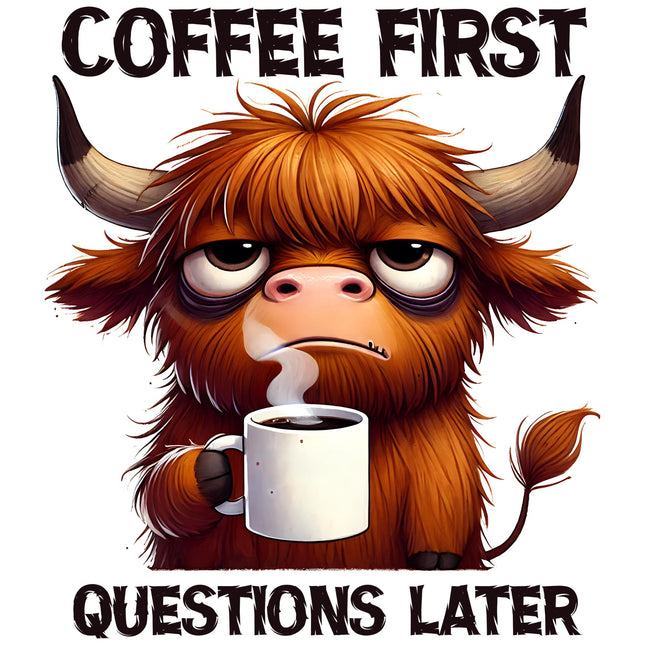 Coffee First Questions Later Bull DTF Heat Transfers by Style Junction Custom Digital Designs features humorous bull with coffee cup.