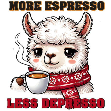More Espresso Less Depresso Llama design with cozy scarf, coffee cup, by Style Junction Custom Digital Designs, exclusive and ready to press.