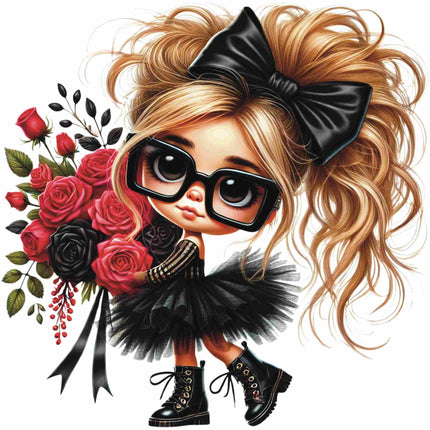 Vintage-Inspired Fashion Doll DTF Heat Transfers #14 featuring a stylish girl with roses, by Style Junction Custom Digital Designs