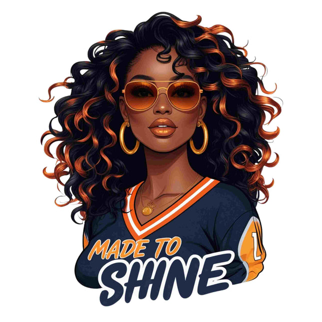 Made to Shine Black Girl Graphic DTF Heat Transfer by Style Junction Custom Digital Designs, vibrant curls and confident style.