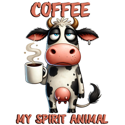 Coffee Spirit Animal Cow DTF Heat Transfer featuring an over-caffeinated cow, exclusive Style Junction Custom Digital Designs.