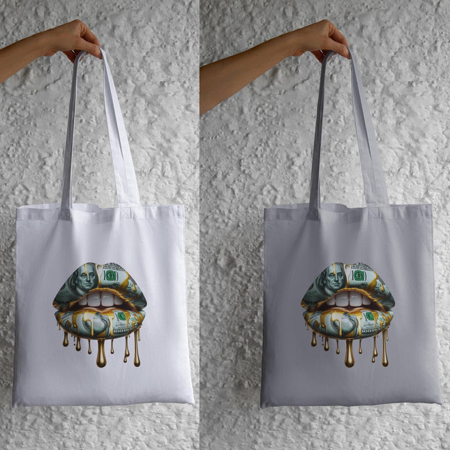 Money Lips Heat Transfer #2 with dripping gold and hundred-dollar bill design by Style Junction Custom Digital Designs.