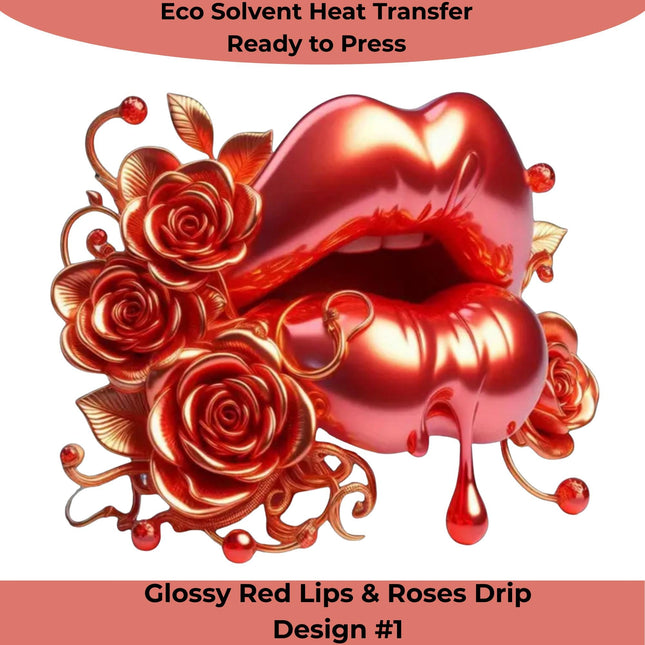 Glossy Red Lips & Roses Drip Design #1 by Style Junction Custom Digital Designs features bold metallic lips with elegant roses, perfect for apparel.