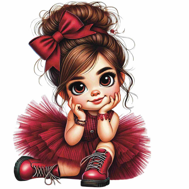 Red Bow Glam Fashion Girl DTF Heat Transfer from Style Junction Custom Digital Designs featuring a stylish girl in red tutu and boots.