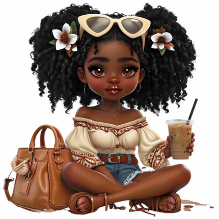 Curly Glam Girl with Iced Coffee DTF Heat Transfers #2 by Style Junction Custom Digital Designs, exclusive apparel graphic.
