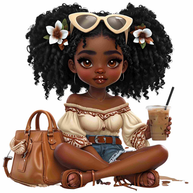 Curly Glam Girl with Iced Coffee DTF Heat Transfers #2 by Style Junction Custom Digital Designs, exclusive apparel graphic.