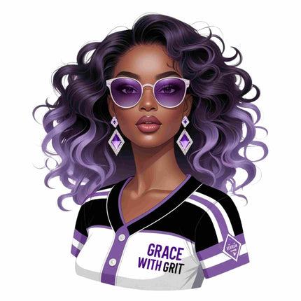 Grace with Grit Purple Fashion Queen DTF Heat Transfer featuring bold curls and stylish shades by Style Junction Custom Digital Designs.