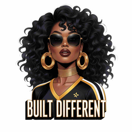 Built Different Curly Hair Queen DTF Heat Transfer by Style Junction Custom Digital Designs featuring bold curls and oversized hoops.