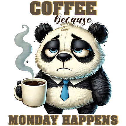 Monday Happens Panda Coffee Design DTF Heat Transfer by Style Junction Custom Digital Designs, exclusive creative artwork.