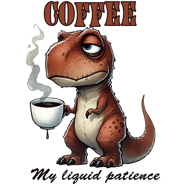 Liquid Patience Coffee Dino DTF Heat Transfers by Style Junction Custom Digital Designs with a sleepy T-Rex holding steaming coffee.
