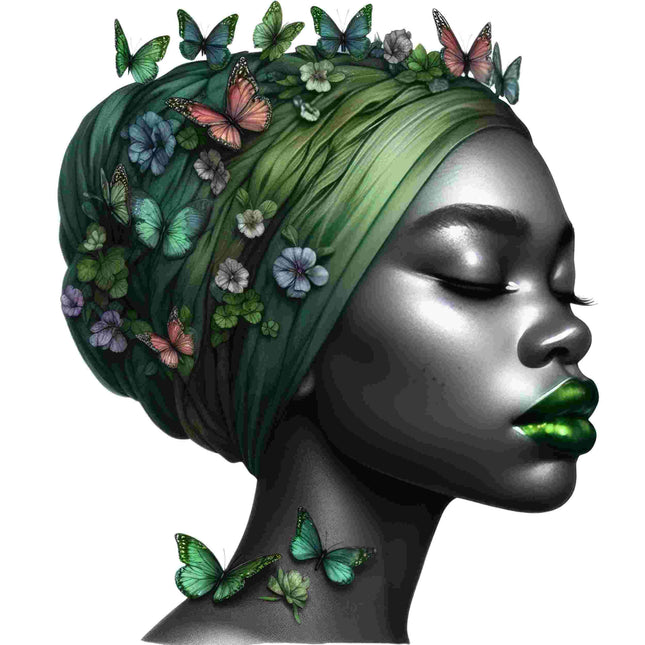 Black Queen Butterfly Floral Art Designed DTF Heat Transfer by Style Junction Custom Digital Designs, vibrant creative artwork.