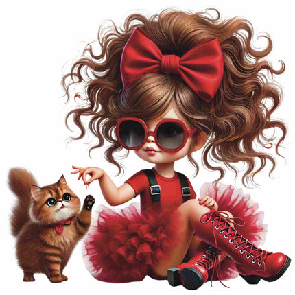 Red Bow Glam Fashion Girl DTF Heat Transfers #10 by Style Junction Custom Digital Designs featuring stylish girl with oversized sunglasses and cat companion.