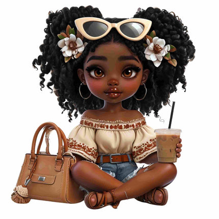 Curly Glam Girl with Iced Coffee DTF Heat Transfers #3 by Style Junction Custom Digital Designs, creative and exclusive artwork.